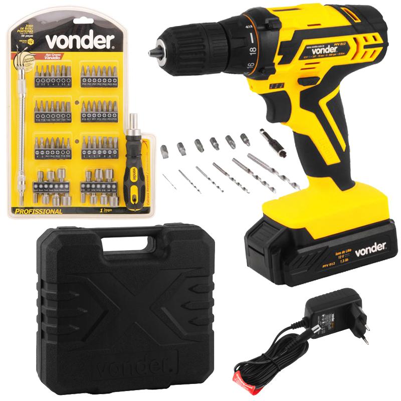 Furadeira e Parafusadeira à Bateria 12V BIVOLT PFV 012 + Kit Bits e Ponteira 58 Peças VONDER Bivolt