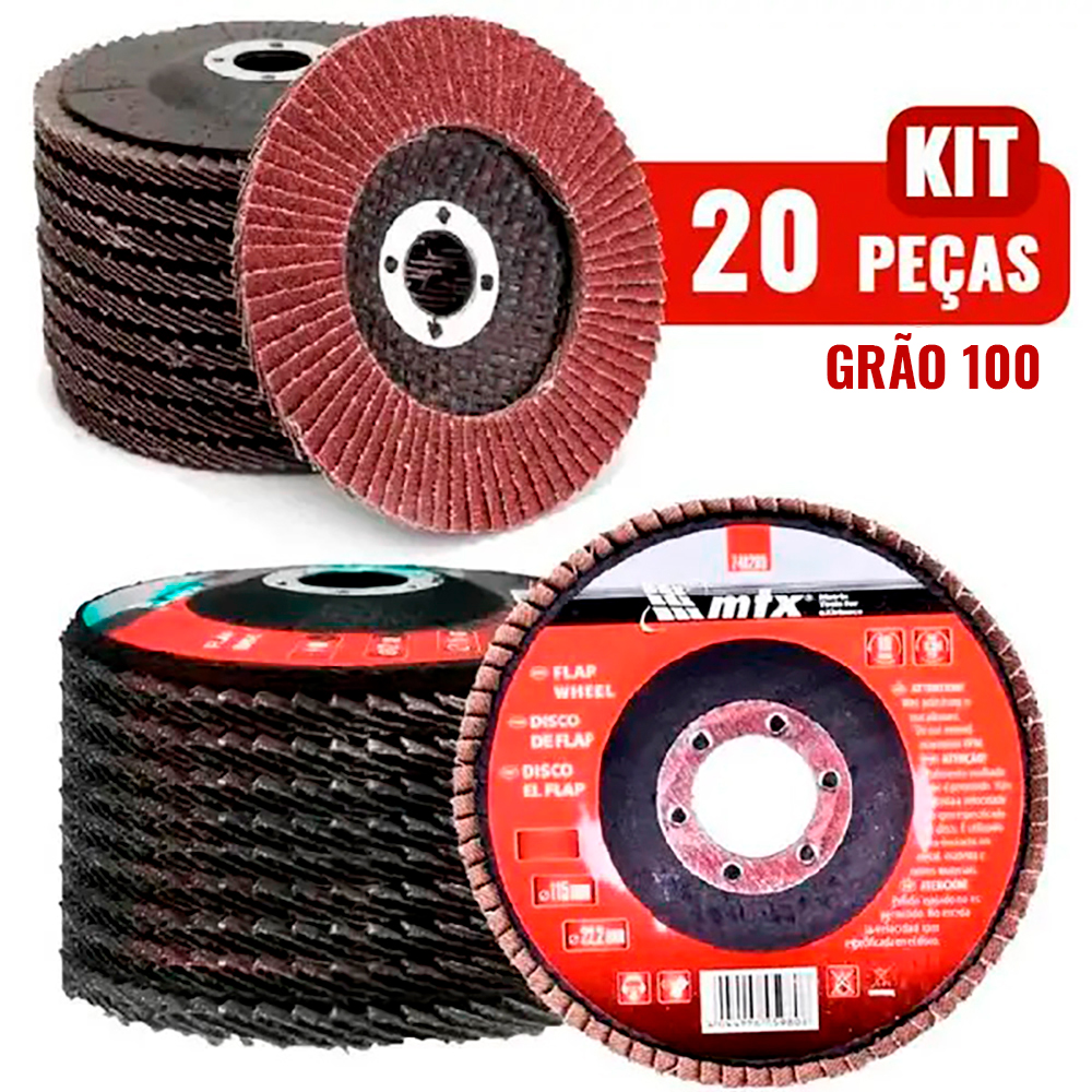 Disco de Lixa Flap 4.1/2 POL Grana 100 Kit 20 Unidades MTX