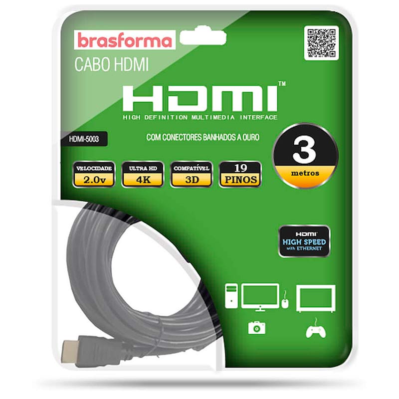 Cabo HDMI 2.0 com 19 Pinos 4K Ultra HD 3D 3 Metros BRASFORMA