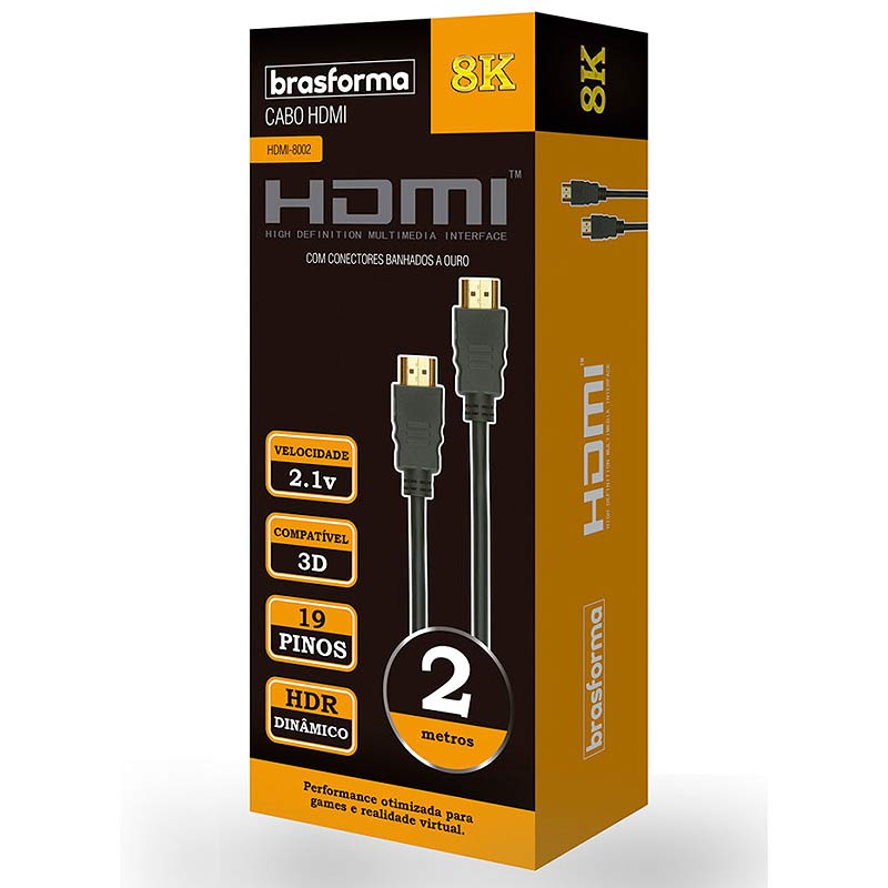 Cabo HDMI 2.1 com 19 Pinos 8K Ultra HD 2 Metros BRASFORMA