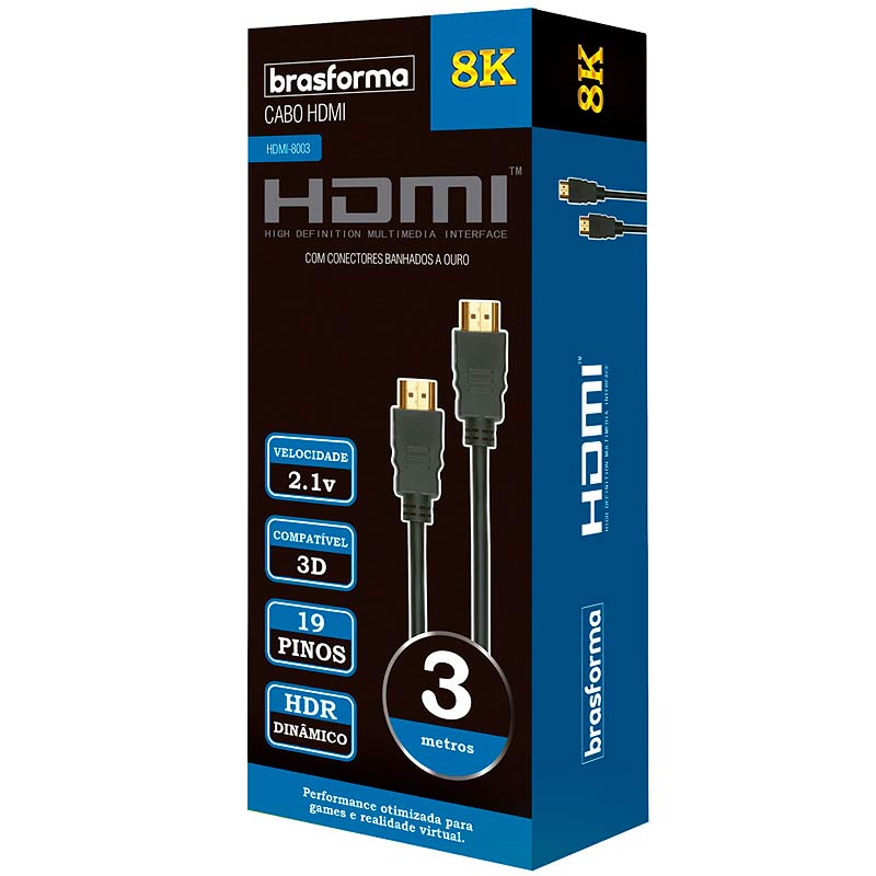 Cabo HDMI 2.1 com 19 Pinos 8K Ultra HD 3 Metros BRASFORMA