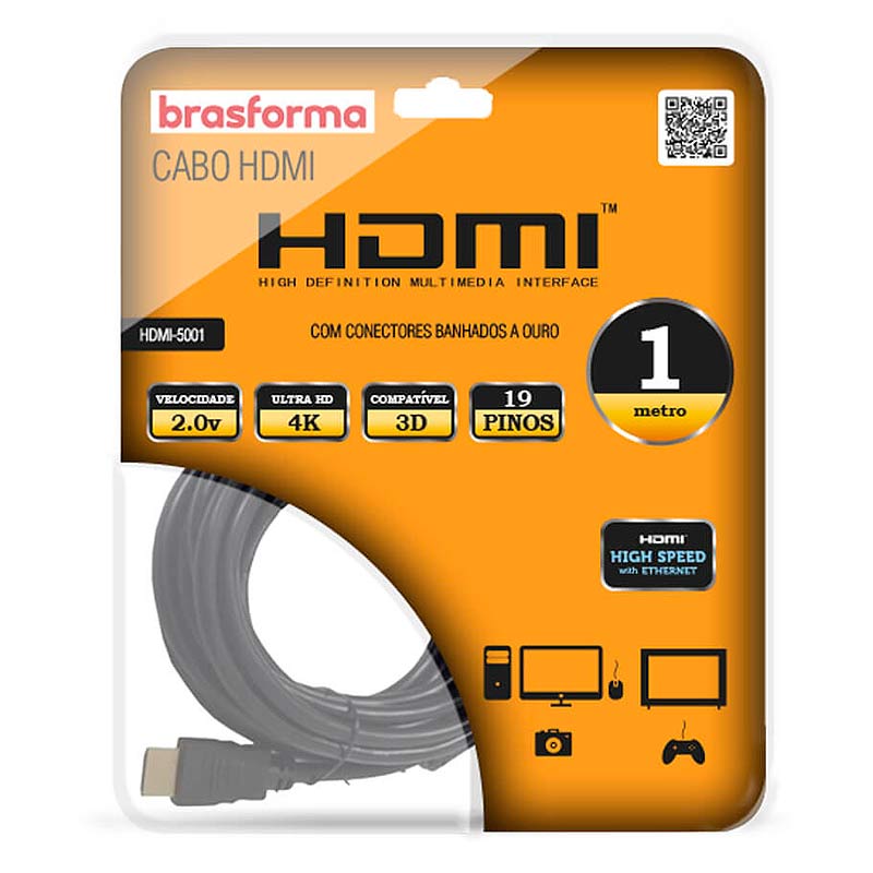 Cabo HDMI 2.0 com 19 Pinos 4K Ultra HD 3D 1 Metro HDMI-5001 BRASFORMA