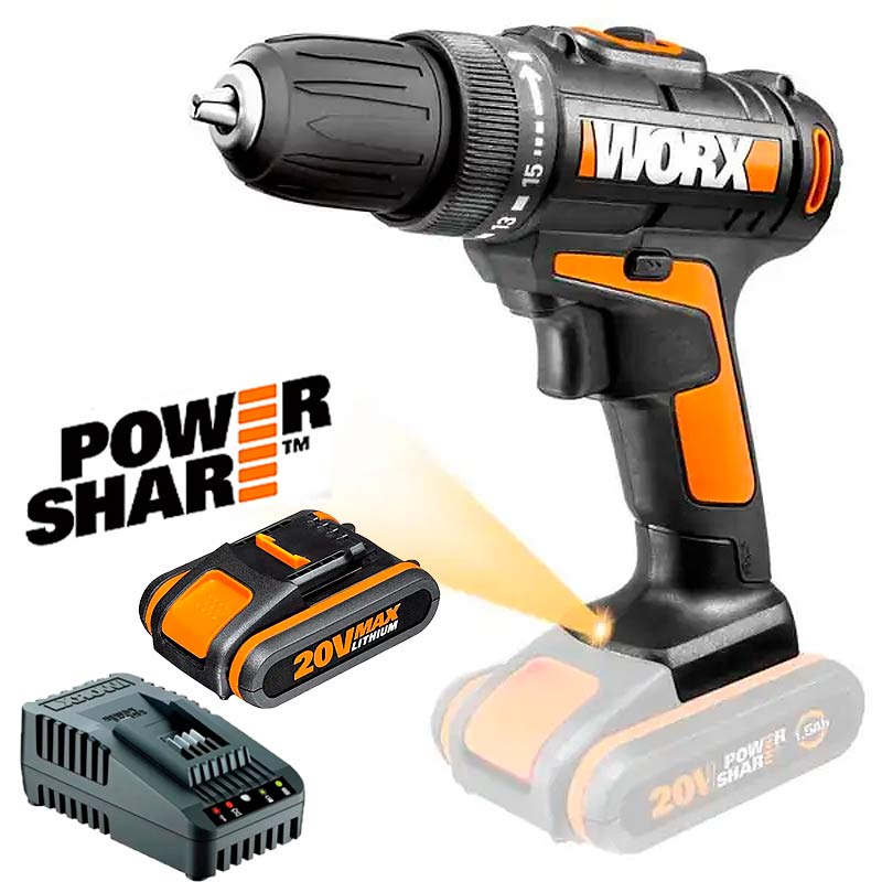 Furadeira Parafusadeira WX101.9 + Bateria 2.0 Ah PowerShare e Carregador Bivolt WORX