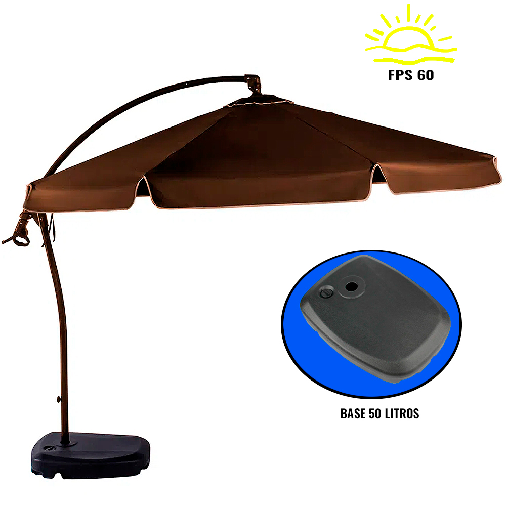 Ombrellone 3 Metros Suspenso Búzios Giratório 360º Marrom com Base em ABS 891012 BEL