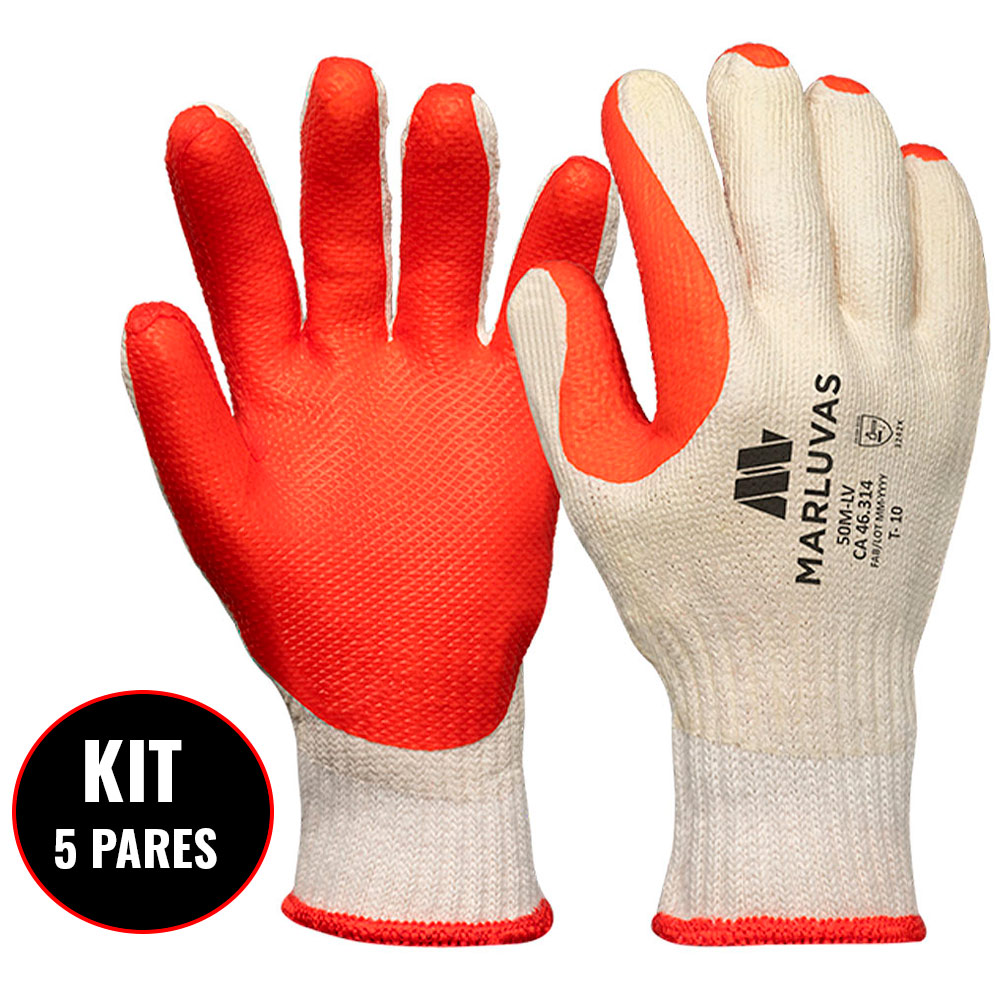 Kit 5 Pares de Luva de Algodão e Latex Vulcanizada Branca e Vermelha 801003 MARLUVAS