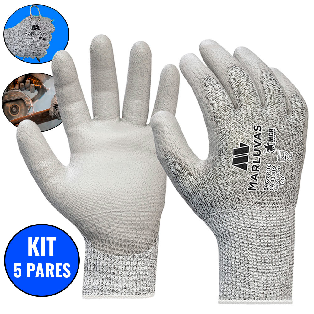 Kit 5 Pares de Luvas proteção PU Anti Corte Multiuso 801041-G-9 MARLUVAS