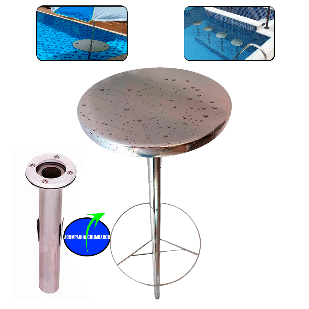 Kit Banco em Inox para Piscina e Chumbador para Fixação Bar Molhado EVALD