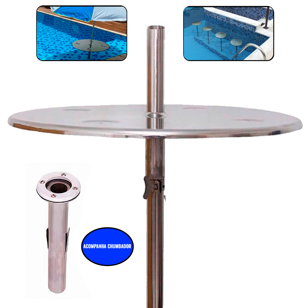 Kit Mesa Inox para Piscina e Chumbador para Fixação Bar Molhado EVALD