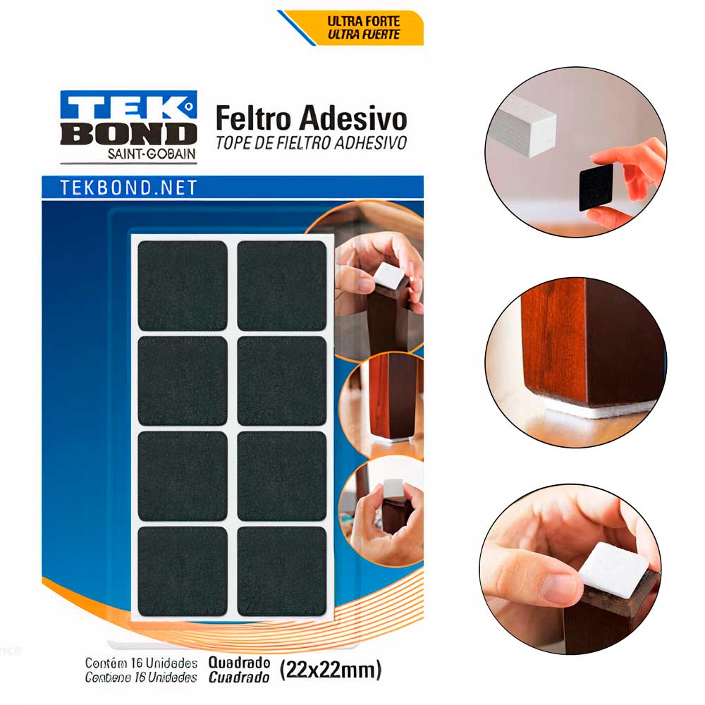 Feltro Quadrado Preto com 16 Unidades 22mm Protege Pisos e Móveis 23801002200 TEKBOND