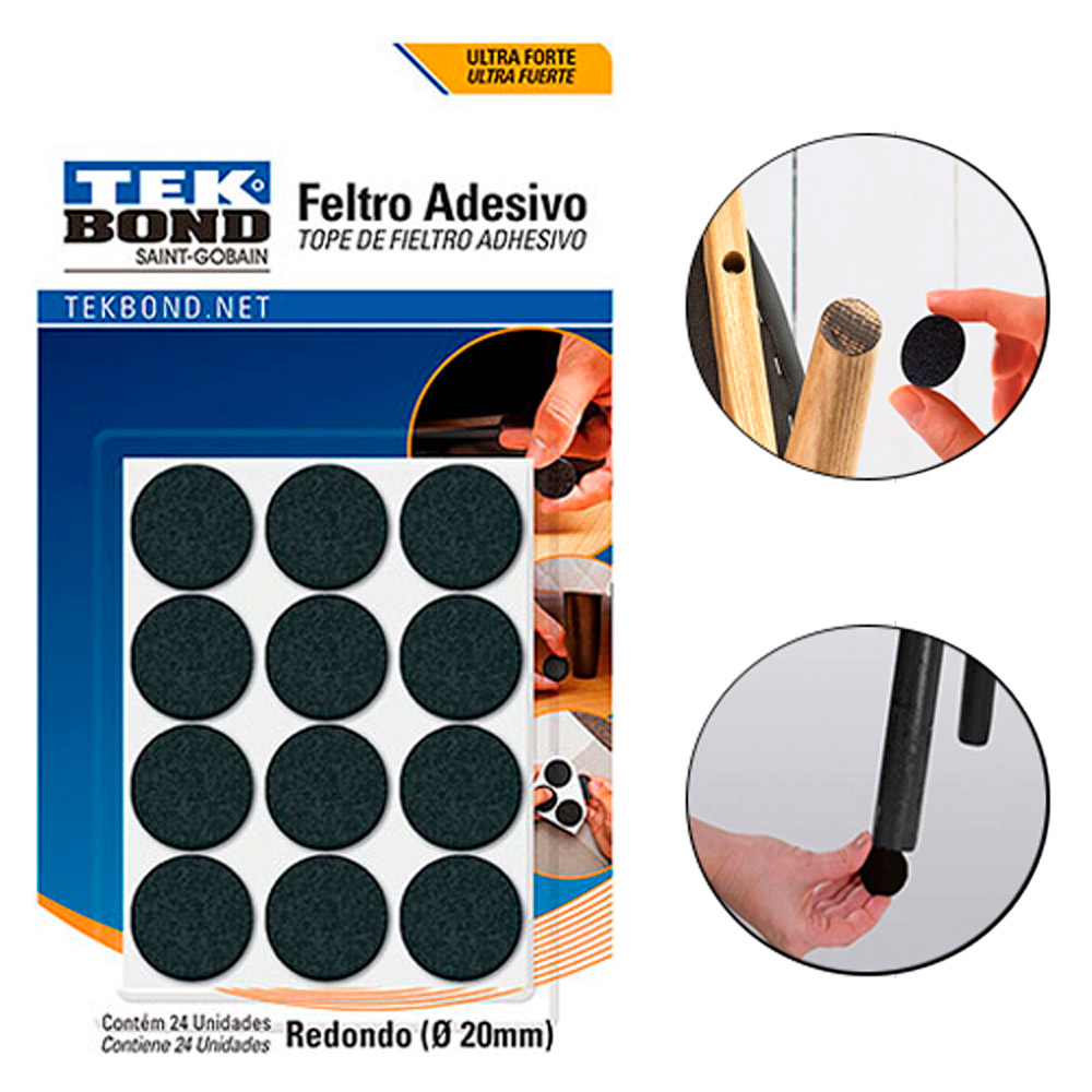 Feltro Redondo Preto 20mm com 24 Unidades Protege Pisos e Móveis 2370100200 TEKBOND