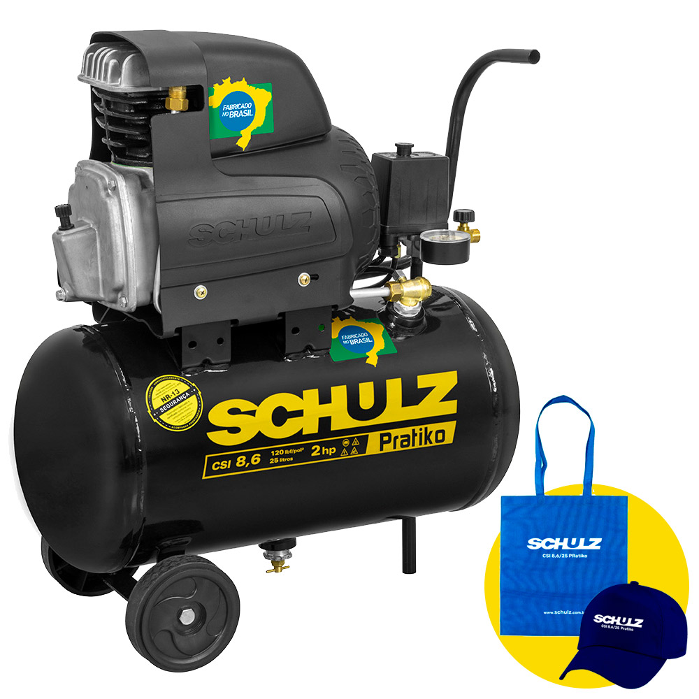 Compressor de Ar de Pistão 2,0 HP 25 Litros 8,6 Pés Pratiko CSI 8,6|25 SCHULZ