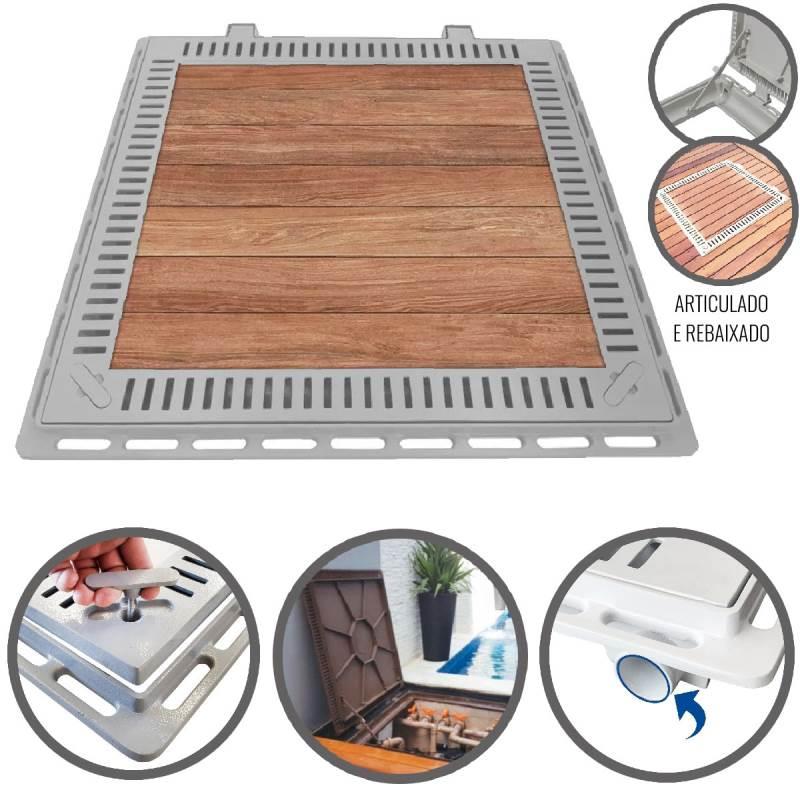 Tampão 80 x 80 CM Rebaixado e Articulado com Grelha para Casa de Máquinas de Piscinas 3184 Cinza GDA