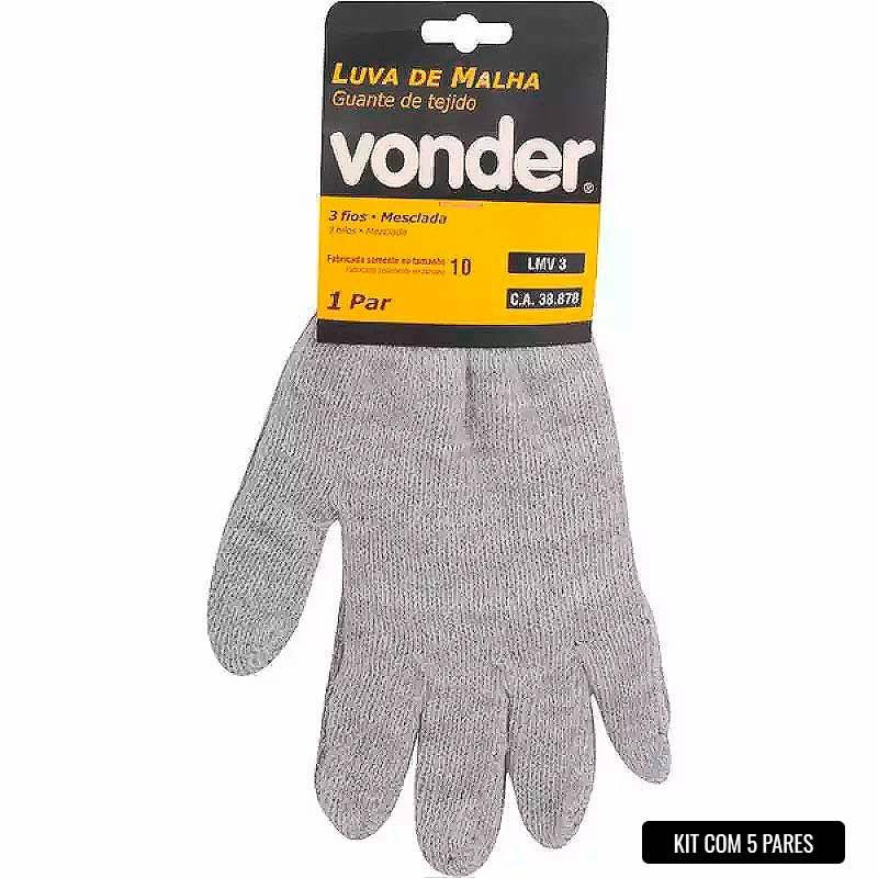 Luva de Malha 3 Fios Mesclada LMV 3 Kit Com 5 Pares VONDER