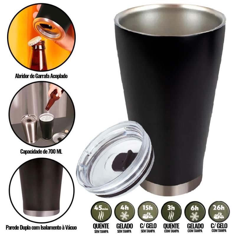 Copo Térmico de Cerveja Preto 700 ML c/ Tampa e Abridor - Conserva até 26h - MOR