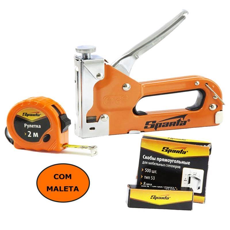Grampeador Tapeceiro Manual com Kit 500 Grampos. Trena 2 Metros e Maleta SPARTA