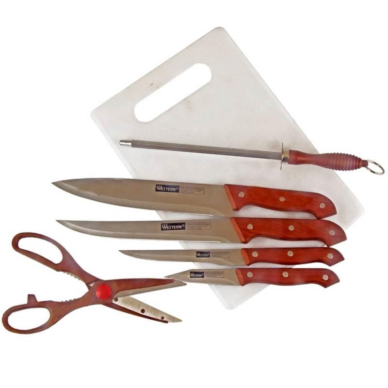Jogo de Facas Inox com Tesoura. Chaira e Tábua Kit com 7 Peças Marrom 1397 WESTERN