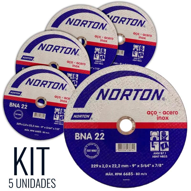 Disco de Corte para Metal e Inox 9 POL x 5/64 x 7/8 POL BNA22 Kit com 5 Unidades NORTON