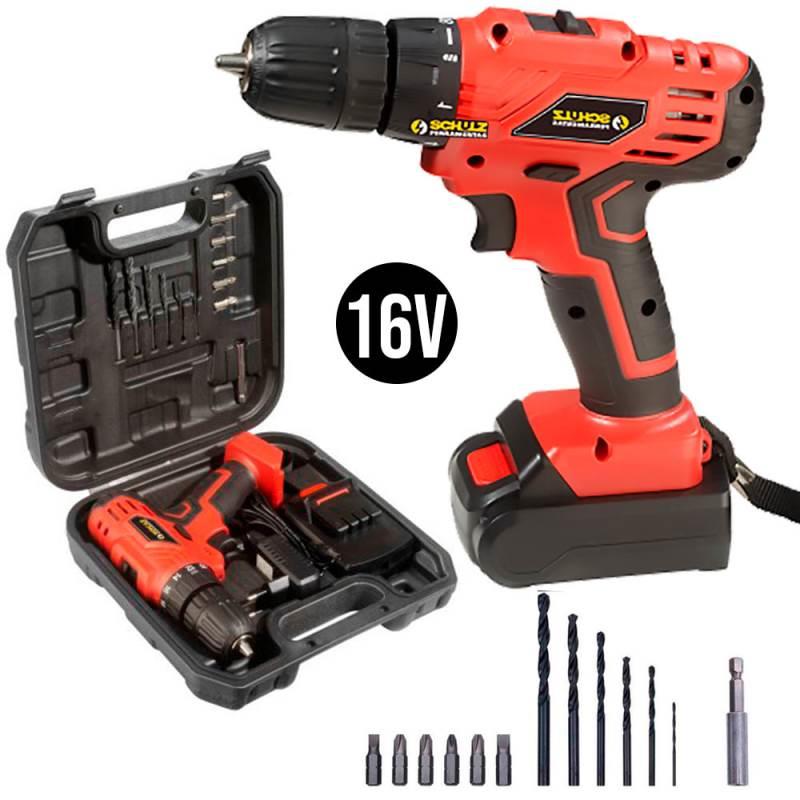 Parafusadeira e Furadeira à Bateria 16V com Kit Brocas e Bits 13 Peças Bivolt SCHULZ