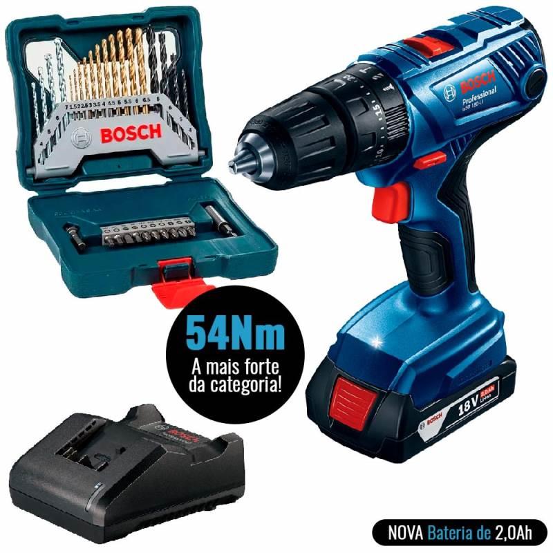 Furadeira Parafusadeira de Impacto Bateria 18V GSB 180-LI + Estojo 30 Peças X-Line BOSCH