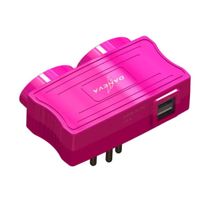Carregador Mult com 2 USB + 2 Tomadas Cor Pink Referência DN 1652 DANEVA