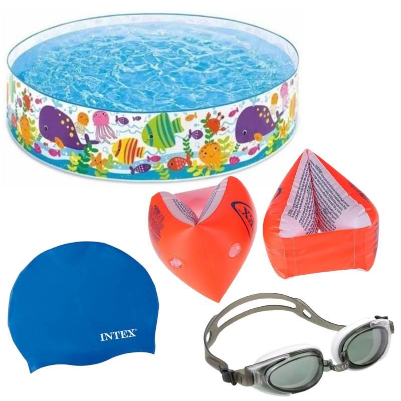 Kit Natação Piscina Snapset 958L + Boia Braço + Touca Silicone + Óculos Espelhado Proteção UV INTEX
