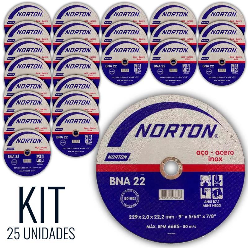 Disco de Corte para Metal e Inox 9 POL x 5/64 x 7/8 POL BNA-22 Kit com 25 Unidades NORTON