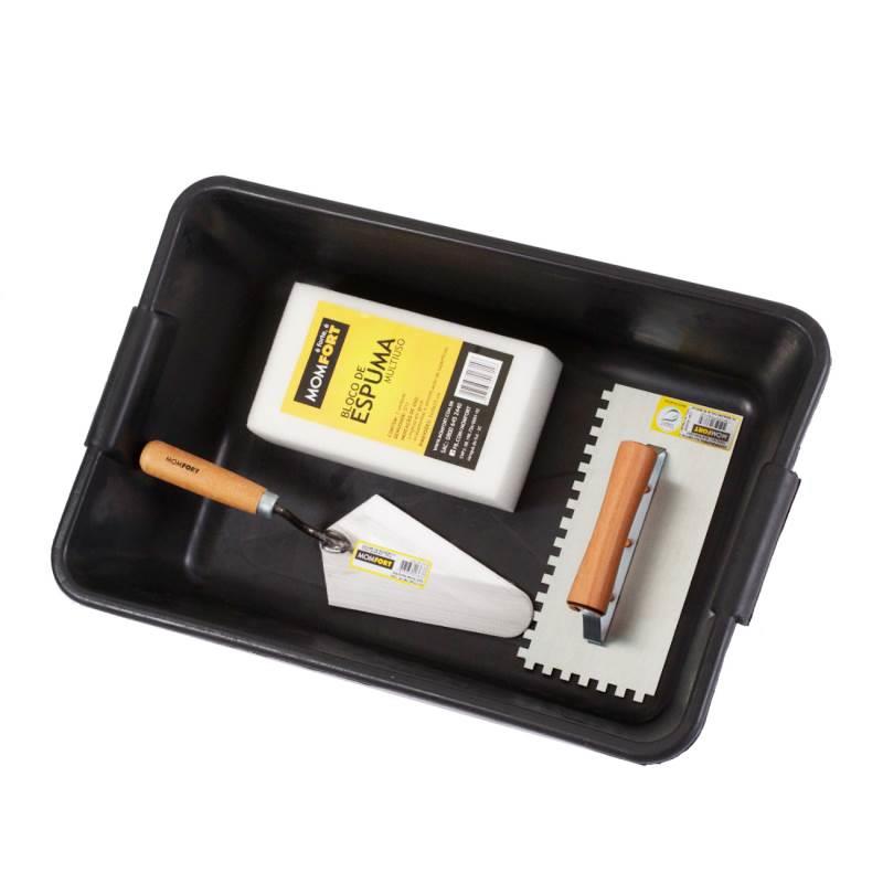 Kit para Pedreiro 4 Peças com Masseira. Colher. Desempenadeira e Espuma MOMFORT