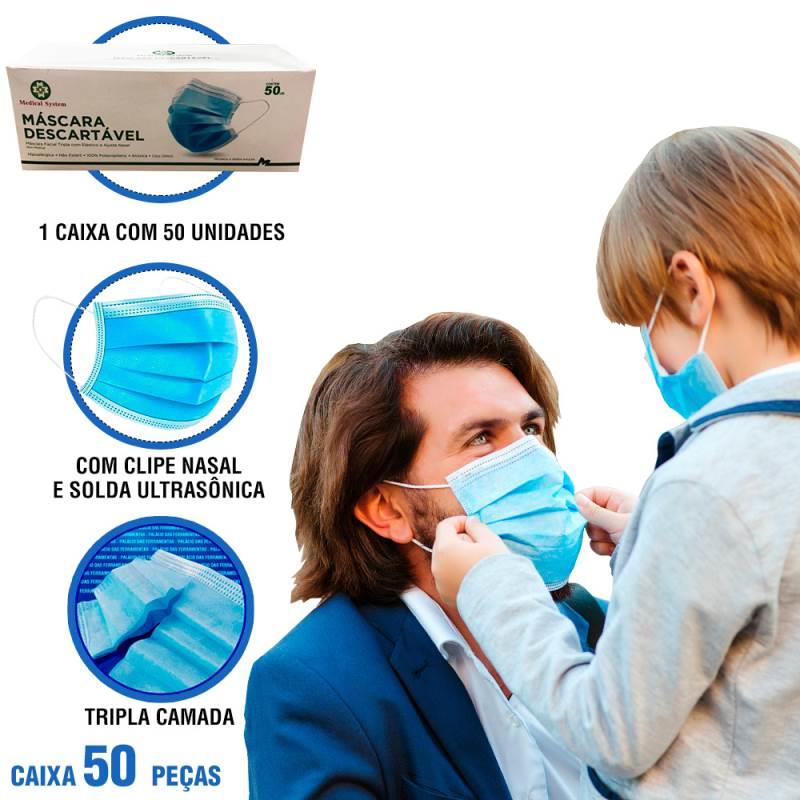 Máscara Descartável Camada Tripla com Clipe Nasal Kit 50 Peças MEDICAL SYSTEM