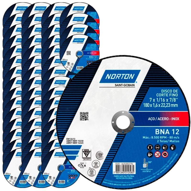 Disco de Corte para Metal e Inox 7 POL x 1.6 MM BNA 12 Kit 50 Peças NORTON