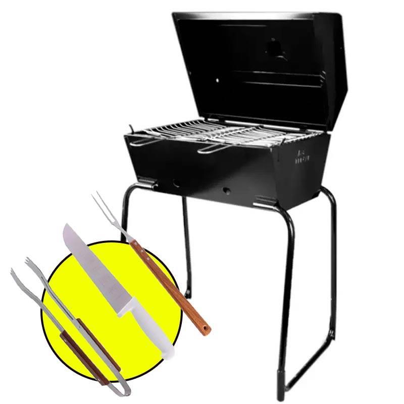 Churrasqueira Desmontável à Bafo CHU04 FERCAR + Kit Churrasco 3 Peças HAUSKRAFT