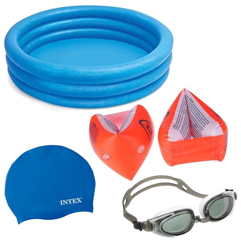 Kit Natação Piscina Inflável 330L + Boia Braço + Touca Silicone + Óculos Espelhado com Pre