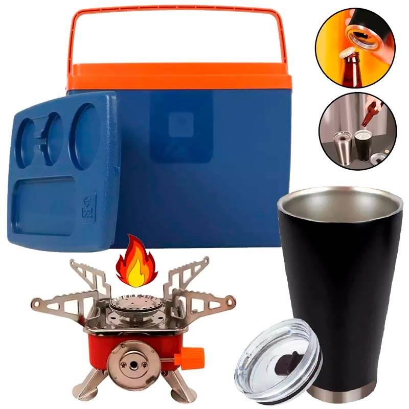Copo Térmico de Cerveja Preto 700 ML Conserva até 26h MOR com Mini Fogareiro e Caixa Térmica 18L BEL