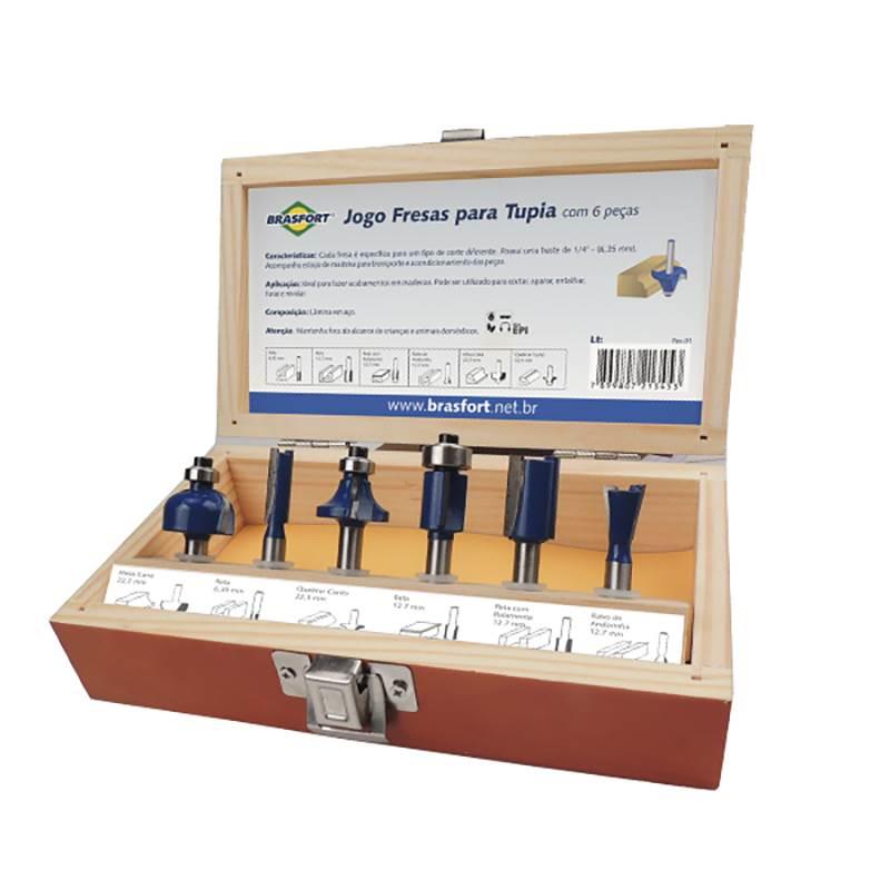 Jogo de Fresas Tupia p/ Madeira com 6 Peças Haste 6.35 MM 7893 BRASFORT
