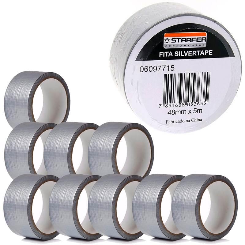 Fita Adesiva Silver Tape 48 MM x 5 Metros Cinza Kit com 10 Peças STARFER