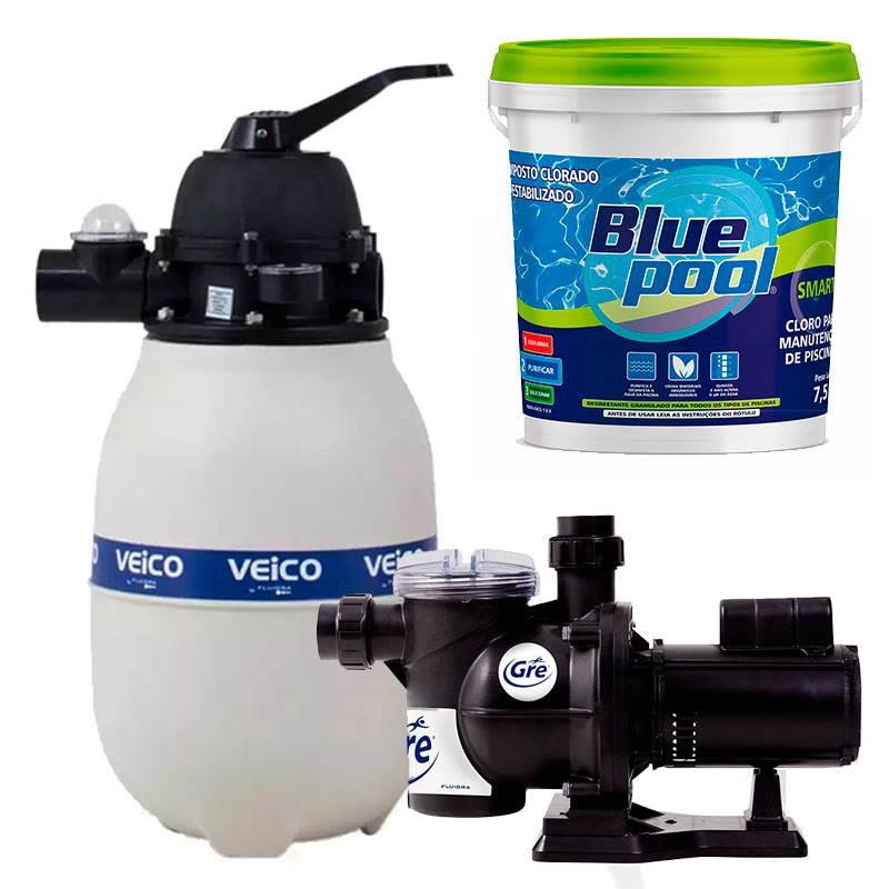 Filtro para Piscina até 19.000 Litros c/ Bomba 1/3 CV GRE + Cloro Smart 7