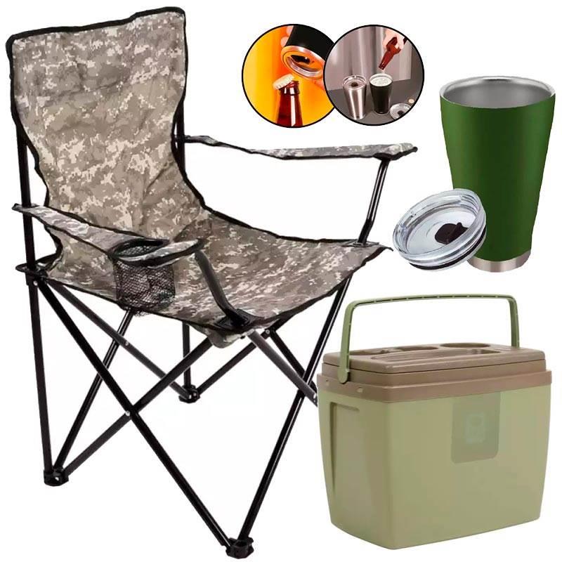 Cadeira Araguaia Camping c/ Porta Copo BEL + Copo Térmico 700ml + Caixa Térmica 18L