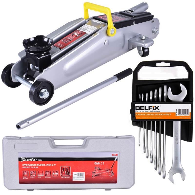 Macaco Hidráulico Jacaré 2 TON com Maleta MTX + Kit de Chaves Fixas c/ 8 Peças BEL