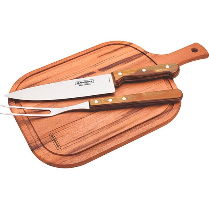 Kit Churrasco 3 Peças em Aço Inox com Tábua de Madeira Polywood 21198414 TRAMONTINA