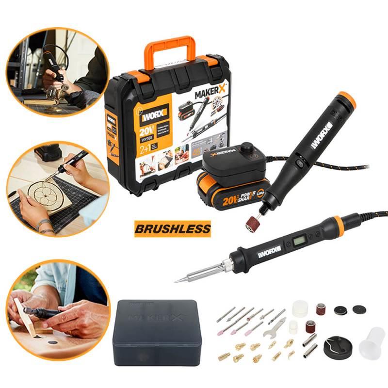 Kit Ferro de Solda e Micro Retífica BRUSHLESS à Bateria 20V com Bateria Carregador BIVOLT WX988 WORX