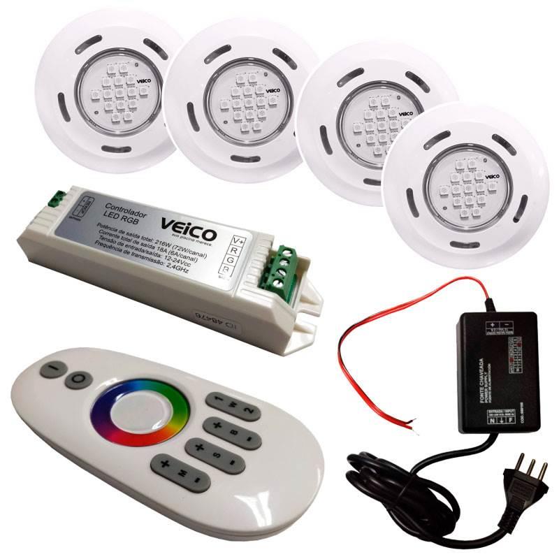 Kit Iluminação para Piscinas com 4 Refletores. Controlador RGB TouchScreen LED e Fonte FLUIDRA