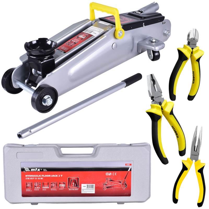 Macaco Hidráulico Jacaré 2 TON c/ Maleta MTX + Jogo de Alicates com 3 Peças GOODYEAR