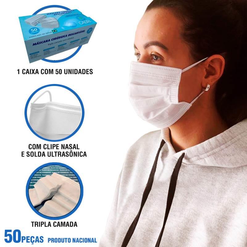 Máscara Descartável TNT Tripla Camada c/ Clipe Nasal 100% Polipropileno Kit 50 Unidades CADRI