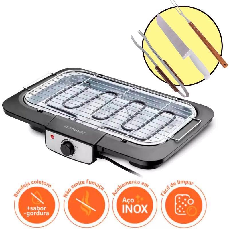 Churrasqueira Elétrica Gourmet Inox MULTILASER + Kit Churrasco 3 Peças HAUSKRAFT