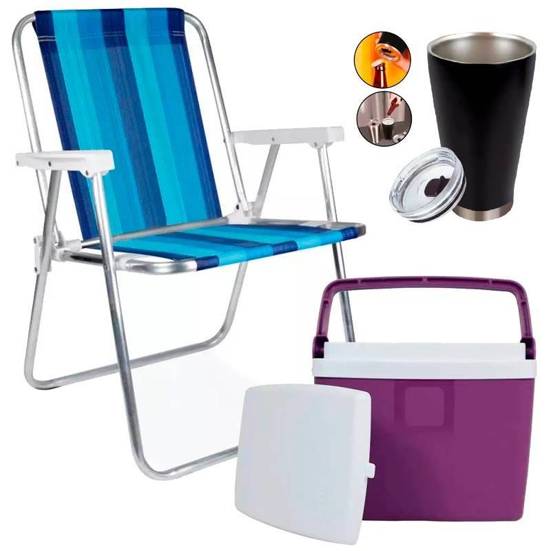 Cadeira de Praia Alta em Alumínio com Caixa Térmica 6L e Copo Térmico Preto MOR