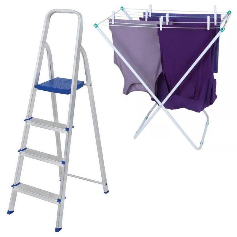 Escada Doméstica de Alumínio 4 Degraus + Varal de Chão MOR