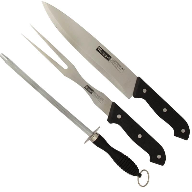 Kit Churrasco 3 Peças com Faca. Garfo Trinchante e Chaira WESTERN