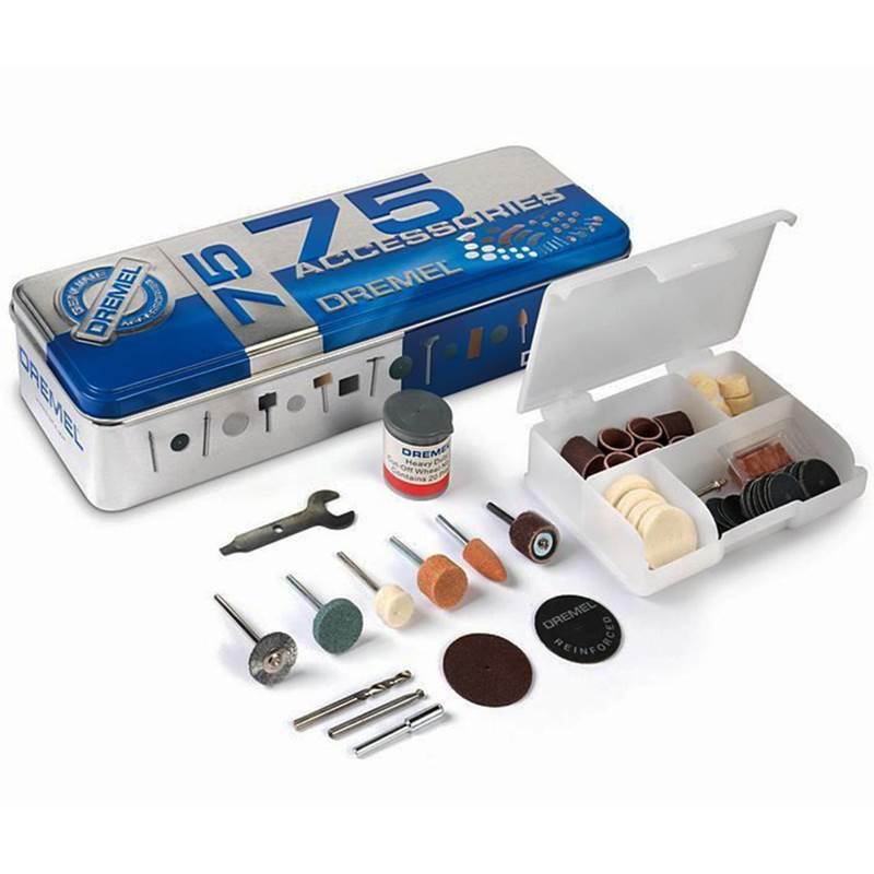 Kit para Retífica Dremel c/ 75 Acessórios para Uso Geral + Caixa Metálica DREMEL