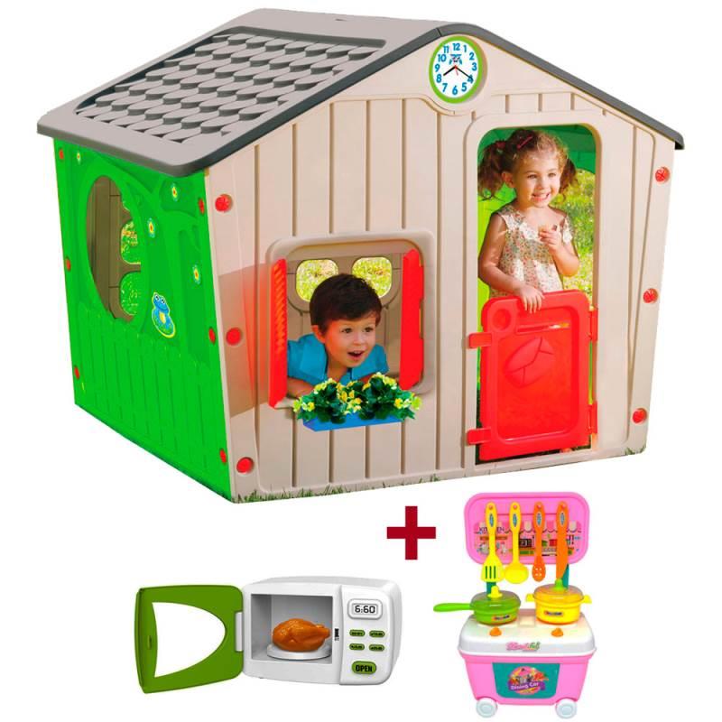 Casinha de Brinquedo Cinza Infantil Criança + Mini Micro-ondas + Mini Kit Chef BEL