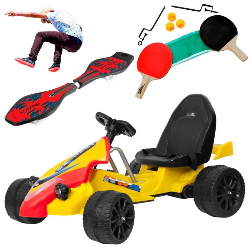Mini Carro Elétrico Infantil 12 Fórmula Sport Amarelo + Kit Tenis Mesa + Rocking Skateboard BEL