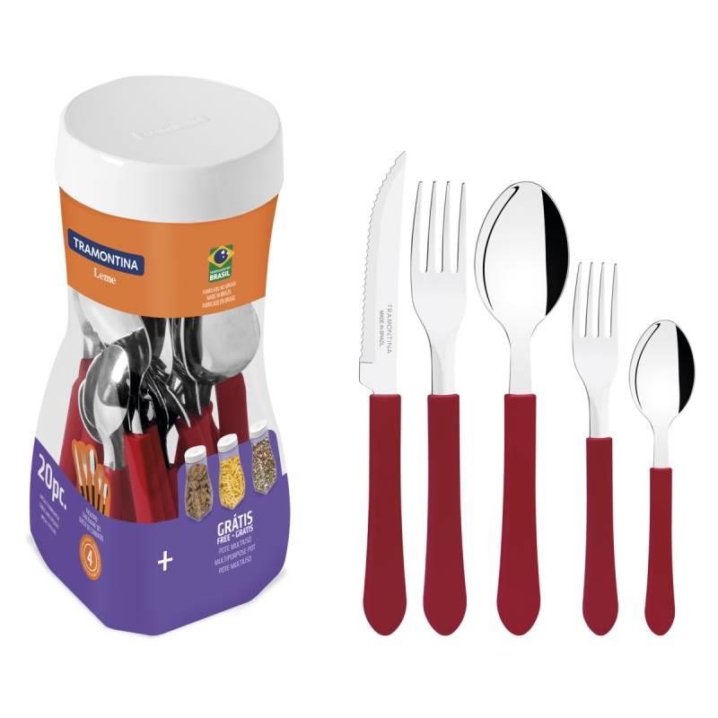 Faqueiro Leme Lâminas em Aço Inox Vermelho com 20 Peças 23198718 TRAMONTINA